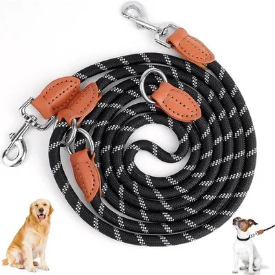 Produktbild von Famanu Hundeleine Doppelverstellbar für große und mittelgroße Hunde - reflektierend - starke Hundetrainingsleine - schwarz