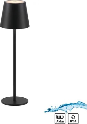 A black LED table lamp with a conical shade and a round base, shown on a white background. Below the lamp, there are icons indicating battery power and IP54 water resistance.