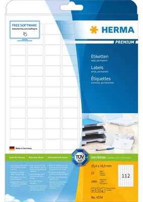 Obrázok produktu pre HERMA Premium - papier - matný - permanentne samolepiaci - biely - 25,4 x 16,9 mm 2800 štítkov (25 listov x 112)