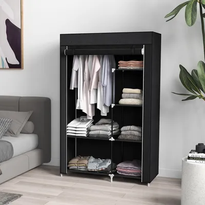 Image de Armoire en tissu à 6 compartiments et tringle à vêtements 103 x 162,5 x 43 cm Armoire pliante en tissu Armoire en tissu avec fermeture éclair Noire