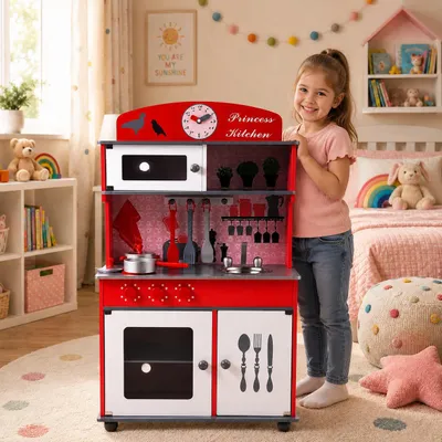 Produktbild von Best For Kids Kinderküche Spielküche rot aus Holz mit Zubehör Super Qualität aus MDF Platte