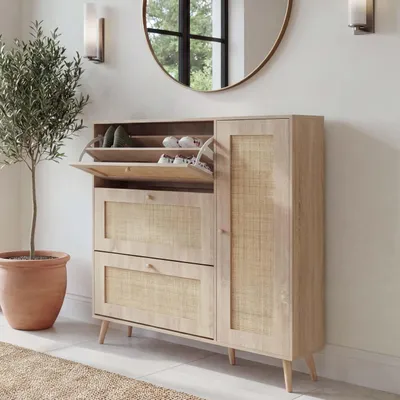 Image de Benne à chaussures en rotin HWC-M37, étagère à chaussures armoire à chaussures, 3 compartiments basculants 2 étagères 127x120x24cm bois mélaminé ~ aspect chêne