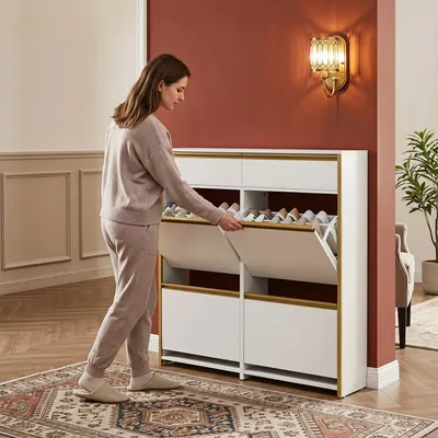Produktbild von Schuhschrank mit 4 Klapptüren,100 x 24 x 99 cm, Weiß-Gold | Schmaler Schuhkipper, Schuhregal mit Schublade, Schmaler Schuhkommode mit 8 Ablageflächen