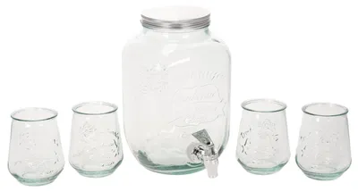 Produktbild von Getränkespender Glas Vintage-Design mit Zapfhahn inkl. 4 Trinkgläser Set, H25,5 - Ideal für Sommerfeste & Gartenpartys