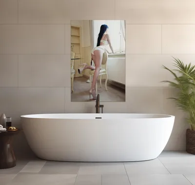 Produktbild von Wallario wasserfestes Poster selbstklebend 91,50 x 61 cm, Sexy Dessous - Junge Frau mit eleganten Beinen am Fenster, Badezimmerposter Spritzschutz mit Hochglanzoberfläche in Glasoptik
