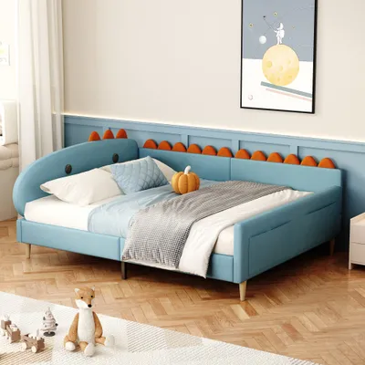 Produktbild von Kinderbett Polsterbett 140*200 cm, Dinosaurierform mit Ablagefächern, Multifunktionales Schlafsofa mit Rückenlehne und Armlehnen mit Lattenrost, Jugendbett, Doppelbett, Gästebett, Samtstoff