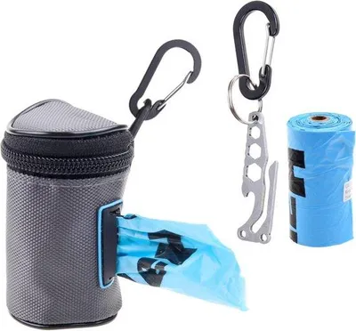 Productafbeelding van Famanu hondenpoepzakhouder – Clip-on model – Inclusief afvalzakken – Met karabijnhaak – Te bevestigen aan riem, tuig, kinderwagen of