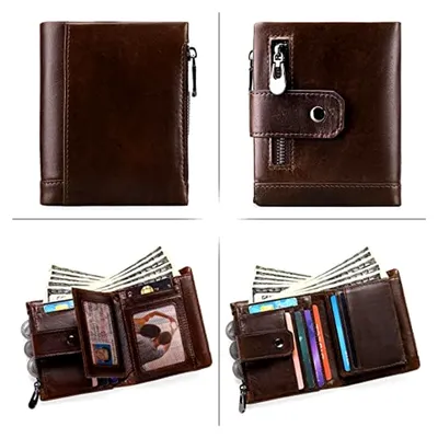 Produktbild von Herren Geldbörse aus Leder, Geldbeutel Herren Bifold mit RFID Schutz, Portemonnaie im Hochformat mit Reißverschluss Münzfach