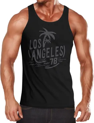 Produktbild von Herren T-Shirt Los Angeles Beach Palmen Surf Print Slim Fit Neverless® schwarz-grau XXL