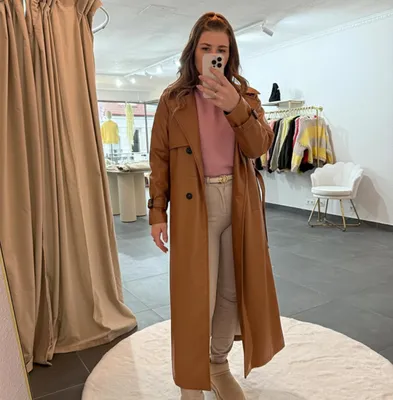 Produktbild von Ledertrenchcoat Damen "Abby" Braun - 1,28 m - Leder Trenchcoat, Leder Mantel, Lederjacke, für Frauen Ledermantel mit Gürtel zum binden & Knöpfen