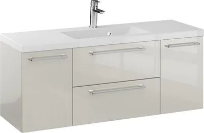 Produktbild von FURNI Waschtischunterschrank RON 120 cm - Kaschmir - Hängender Badschrank mit Mineralguss - Waschbecken - Griffe Chrom - Vormontiert