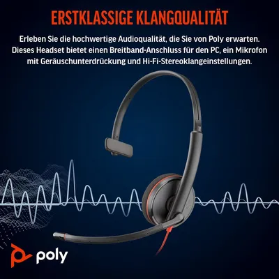 Zdjęcie produktu dla HP Poly Jednouszny zestaw słuchawkowy Poly Blackwire 3210 USB-C + przejściówka USB-C/A, Przewodowa, Biuro/centrum telefoniczne, 64 g, Zestaw słuchawkowy, Czarny