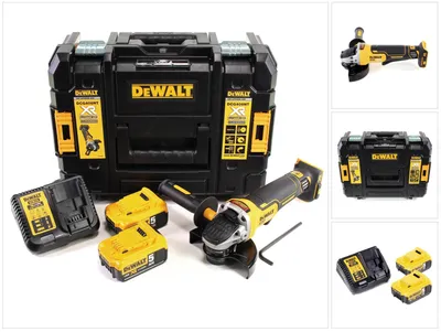 A collage of images showing a DeWalt angle grinder set, including the tool, batteries, charger, and storage case.