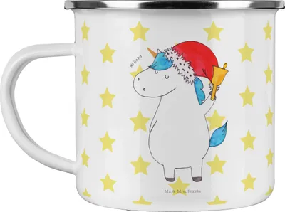 Produktbild von Mr. & Mrs. Panda Emaille Tasse Einhorn Weihnachtsmann - Weiß - Geschenk, Nikolaus, Unicorn, Pott, Weihnachten, Schokolade, Teetasse, emaillebecher, Haferl