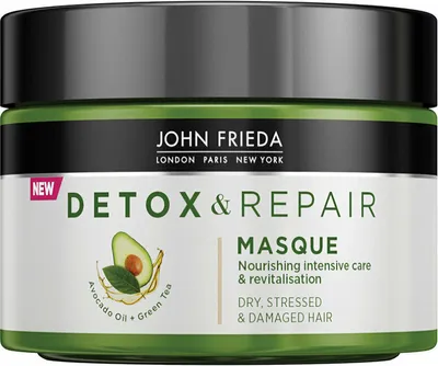 Productafbeelding van JOHN FRIEDA Detox & Repair, 250 ml, voor vrouwen, geschikt voor broos haar, beschadigd haar, droog haar. Voedend, herstellend, geeft glans, maakt glad. Inhoudstoffen: Aqua, Cetearyl Alcohol, Dimethicone, Behentrimonium Chloride, Behenyl Alcohol, Dipropylene Glycol, ...