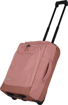 A pink rolling suitcase is shown against a white background.