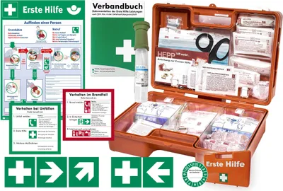 Produktbild von Erste-Hilfe-Koffer "SAN" für Betriebe mit aktueller DIN/EN 13157 & DIN/EN 13164 + Augenspülung + Aufkleber & Aushang
