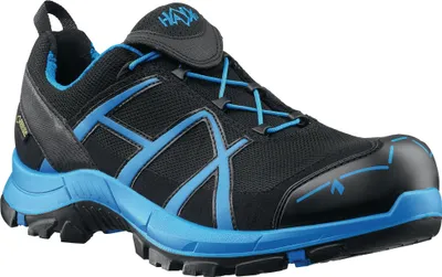 A single black and blue Haix safety shoe is shown against a white background.