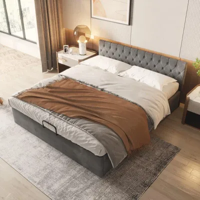 Image de Lit double – Sommier à lattes – Lit tapissé – Velours – 180x200 cm – Avec espace de rangement hydraulique – Gris