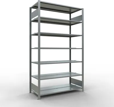 Produktbild von Schulte Büro-Fachbodenregal MULTIplus150 Stecksystem mit Mittelanschlag | Grundregal | Fachlast 150kg | 230x130x60cm | 7 Ebenen | Beidseitig nutzbar | Verzinkt