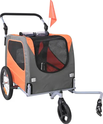 Immagine prodotto di SucceBuy rimorchio per cani, portata 30 kg, passeggino e portabici 2 in 1 con telaio pieghevole, ruote a sgancio rapido, attacco universale, catarifrangenti di sicurezza, bandiera, arancio/grigio
