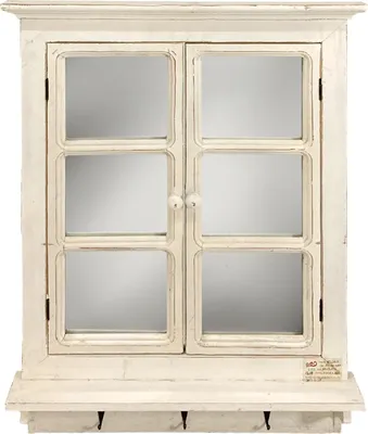 Produktbild von HTI-Living, Weißer rechteckiger Vintage Fenster-Dekospiegel aus Holz/MDF mit Hakenleiste für Schlafzimmer & Flur, 57x78x9cm.