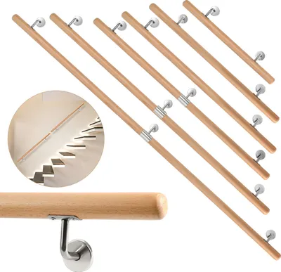 Produktbild von Clanmacy Buche Handlauf 100cm mit gewinkelte Halter Stufe Wand Geländer Handlaufset