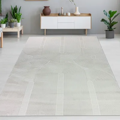 Produktbild von Wohnzimmerteppich Schlafzimmerteppich Recycle mit modernen ovalen Formen liniert in beige Größe - 160 x 230 cm