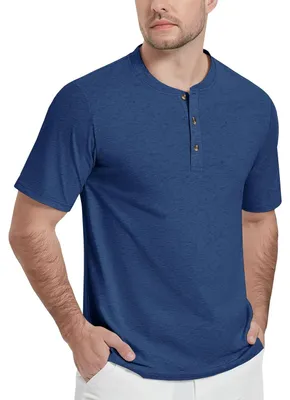 Produktbild von KEFITEVD Herren-Henley-T-Shirt aus Baumwolle mit Knopfleiste ohne Kragen Blau 2XL