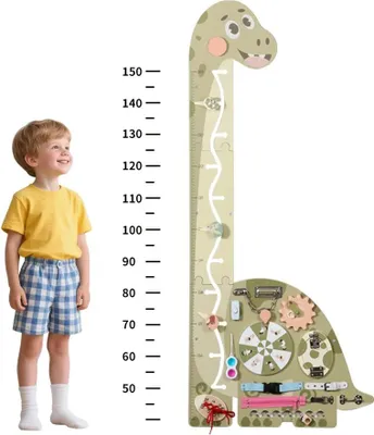 Imagen del producto de Regla de madera con forma de dinosaurio – Medidor de crecimiento para pared para niños – Panel sensorial educativo – Decoración para habitación infantil – Edad recomendada: 3–6 años – Color verde