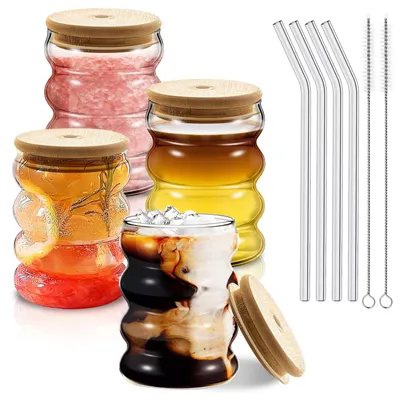 Bubblegläser 4er-Set 350 ml mit Deckel & Strohhalm