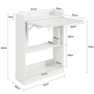 A white folding wall-mounted desk with shelves, showing dimensions.