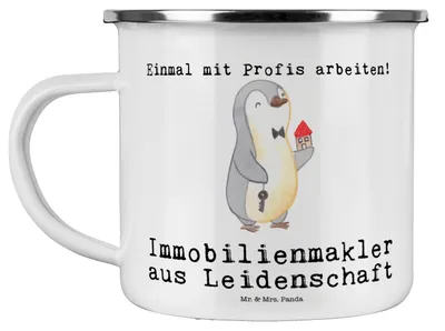 Produktbild von Mr. & Mrs. Panda Reisebecher Immobilienmakler Leidenschaft - Weiß - Geschenk, Pott, Kaffeepott, Spruch, Ausbildung, Emaille Becher, Tasse, Haferl, Immobilienkaufmann
