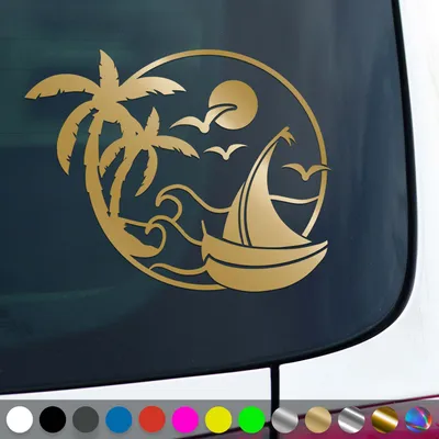 Produktbild von PantherPixel Sonne Strand Aufkleber Palmen Urlaub Reisen Segelboot Sticker Auto Geschenkidee Farbe Gold