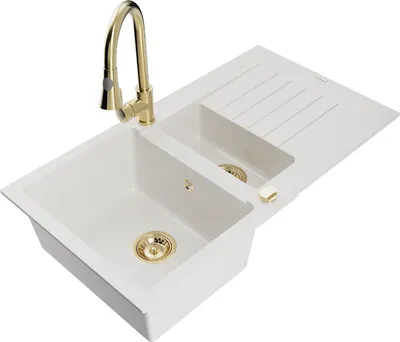 Produktbild von Mexen Matias 1,5-Becken-Granitspüle mit Abtropffläche und Mischbatterie Elia, Weiß - 6502-20-670101-50