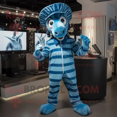Produktbild von Blauer REDBROKOLY Zebra Maskottchen Kostüm charakter bekleidet mit einem Overall und Hüten
