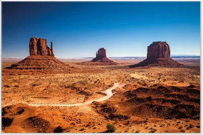 Produktbild von Wallario Wandbild Monument Valley unter blauem Himmel, Größe: 61 x 91,50 cm, Poster mit weißem Aluminiumrahmen