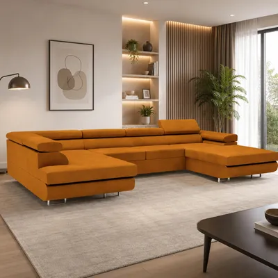 Produktbild von GOLDSTOFF VENUS U‑Form Ecksofa mit Schlaffunktion 345 × 205 cm | U‑förmige Schlafcouch mit 2 Bettkästen und 4 Kopfstützen (gold)