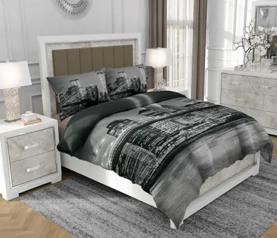 Produktbild von Bettwäsche 200x220 cm + 2x70x80 cm, 3-teilig, 100% Baumwolle, Satin, Reißverschluss, Architektur, Schwarz - SOVIO | So.0176
