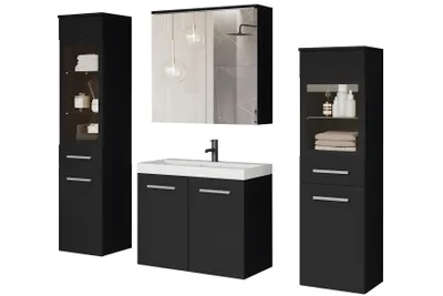 A set of black bathroom furniture including a vanity with a sink, a wall-mounted mirror cabinet, and two tall storage cabinets.