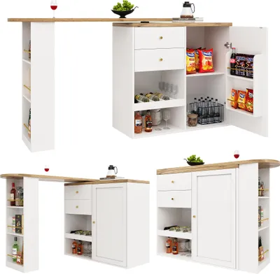 Produktbild von Um 360° drehbarer Bartisch, mit 2 Schubladen und Schiebetürschrank, 3 Ebenen offener Stauraum, geeignet für Esszimmer/Arbeitszimmer/Wohnzimmer usw