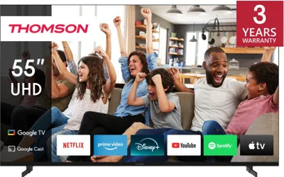 A family is watching TV and celebrating, with various streaming service logos displayed on the TV screen.