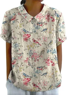 Produktbild von Bluse Damen Sommer, Elegant Leinenbluse Einfarbig Blusenshirt Revers Rundhals Leinenhemd Blumendruck Oberteile Lose Pullover