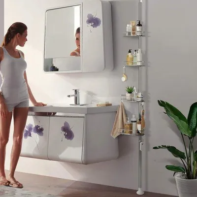Immagine prodotto di Uniqoos® Porta doccia angolare cromato, 4 ripiani, altezza regolabile da 18 a 30 cm, con ganci telescopici, colore argento, resistente alla ruggine, capacità fino a 40 kg, senza necessità di foratura