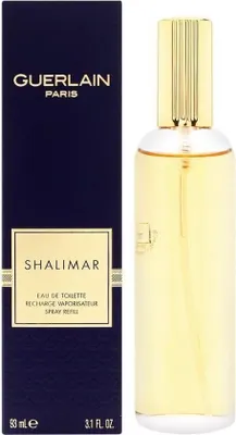 A bottle of Guerlain Shalimar Eau de Toilette refill and its dark blue packaging are shown against a white background.