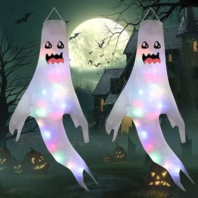 Image de Fantômes suspendus d'Halloween avec effets lumineux, lot de 2 fantômes LED pour les décorations d'Halloween.