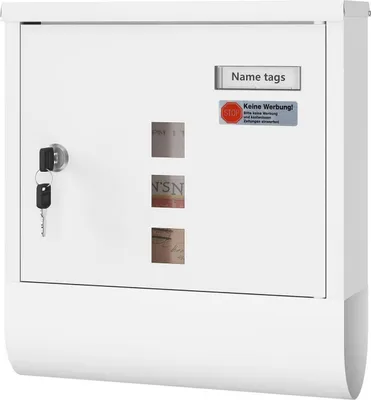 A white mailbox with a newspaper compartment and a key lock.