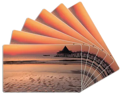 Produktbild von Wallario Frühstücksbrettchen 6er Set aus Glas, je 14 x 23 cm, mit rutschfesten Füßen, Motiv Strand am Abend - Seebrücke am Ostseebad Heringsdorf