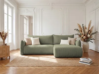 Produktbild von Ecksofa Schlafsofa MAILAND in Stoff Tilia Olivgrün Ottomane Rechts