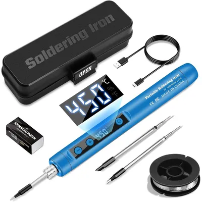 Produktbild von Kabelloser USB Lötkolben Set, Akku Lötkolben mit LCD Display - Temperatur Einstellbar 180-450°C, mit 3 Lötspitzen & Zubehör - Lötset für Elektronik